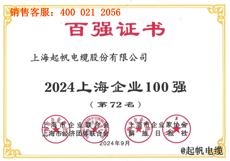 2.起帆電纜入圍2024年上海企業(yè)100強(qiáng)第72名